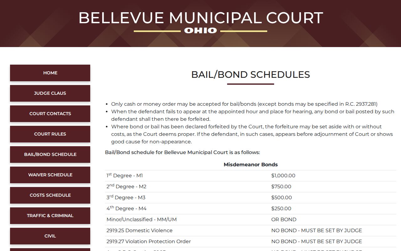 Bellevue Municipal Court bond schedule relevant to Huron County release records