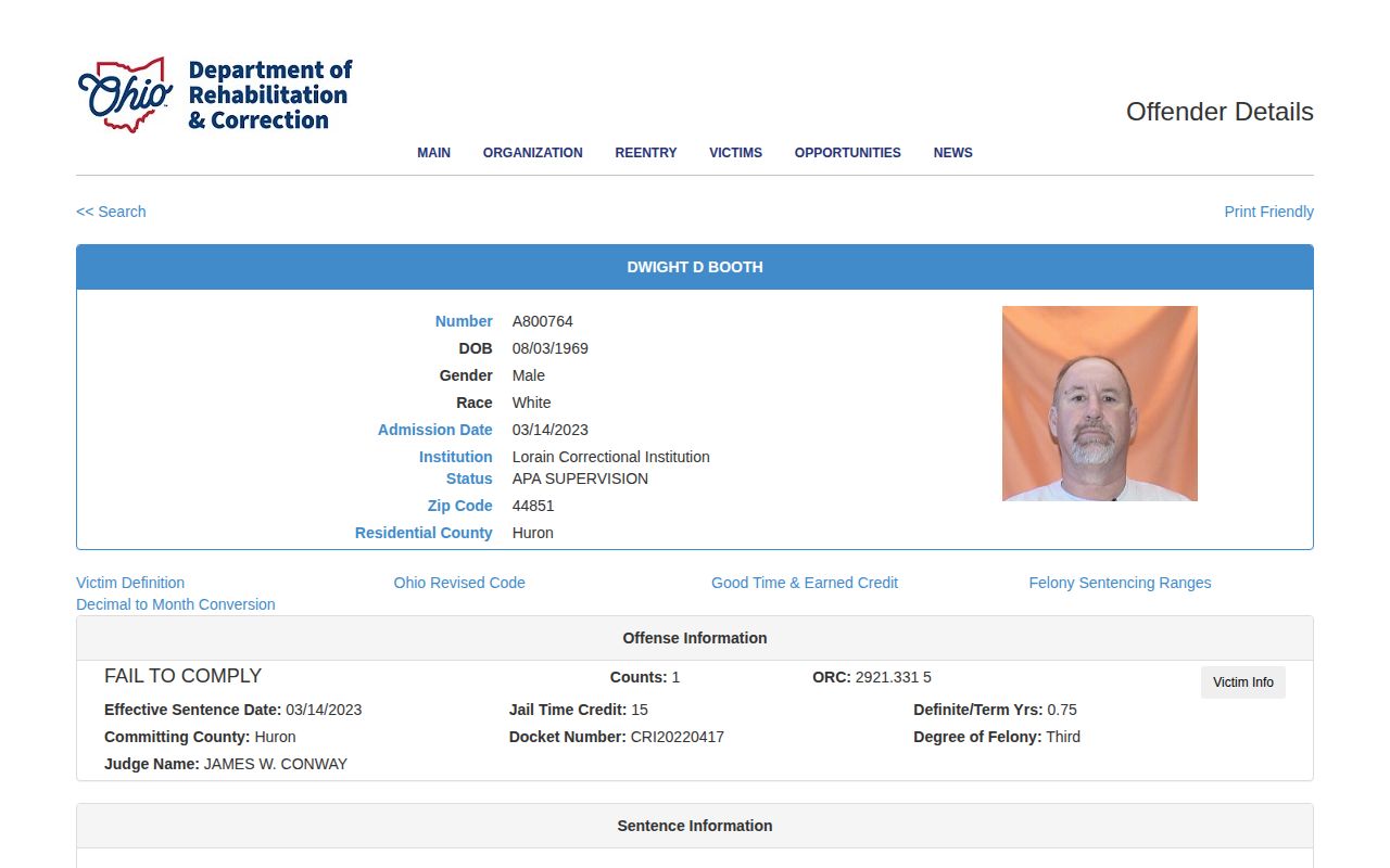Huron County parole record with ODRC supervision and assigned office fields