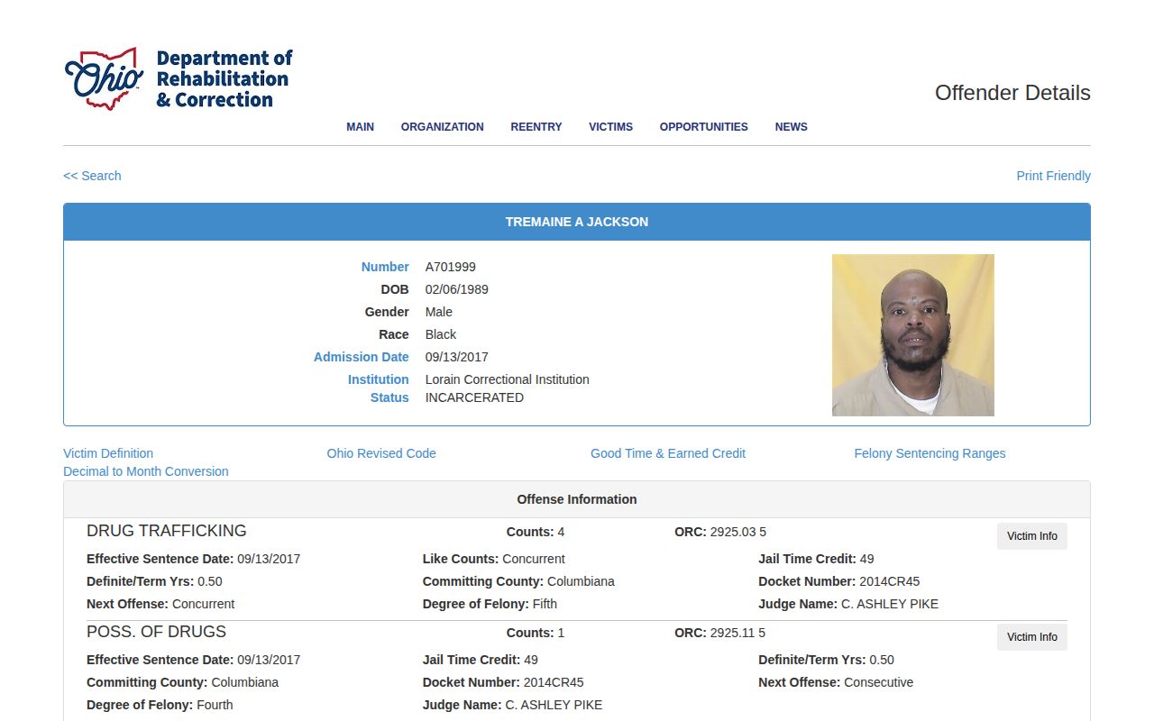 Huron County parole verification example showing ODRC violator-at-large status