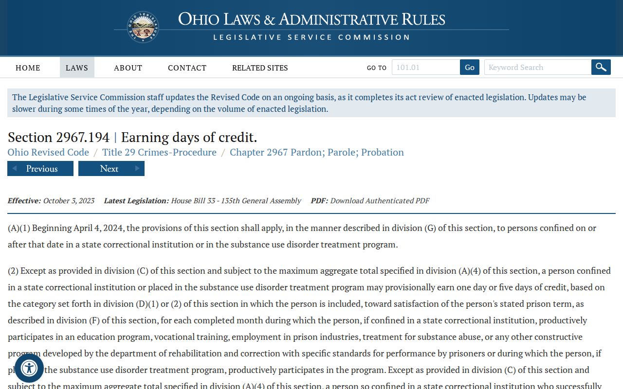 Ohio earned-credit statute used to assess Huron County projected release dates