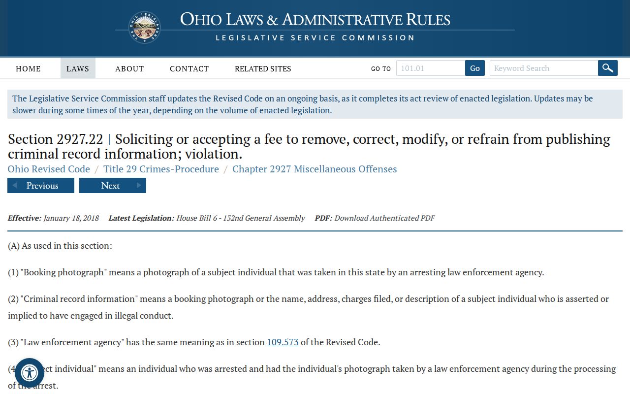 Ohio booking-photo payment law affecting Huron County released mugshots