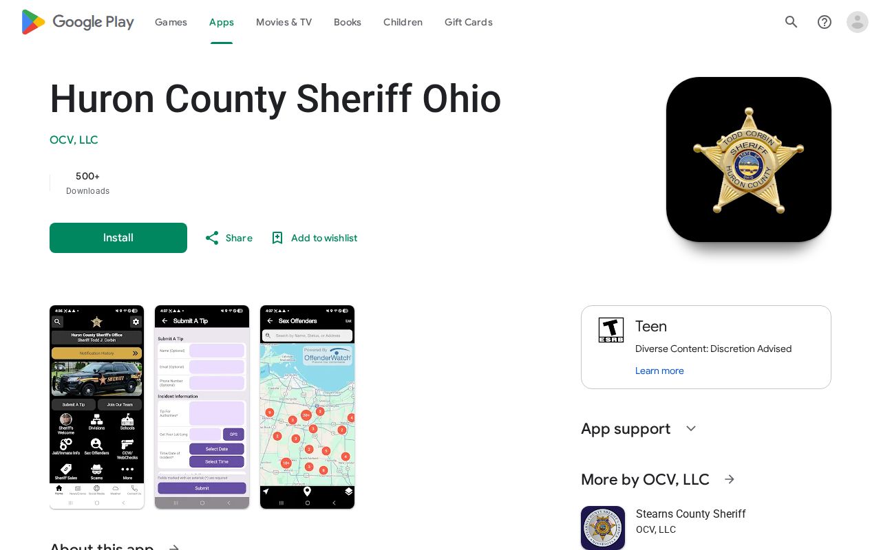 Official Huron County Sheriff app listing without a confirmed released mugshot feature