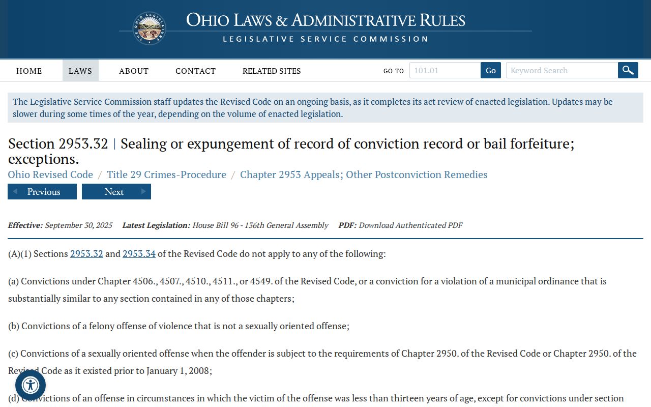 Ohio sealing and expungement law affecting Huron County release records