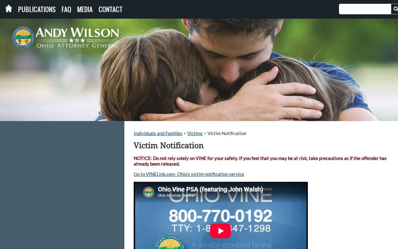 Ohio Attorney General VINE notification information for Huron County release alerts